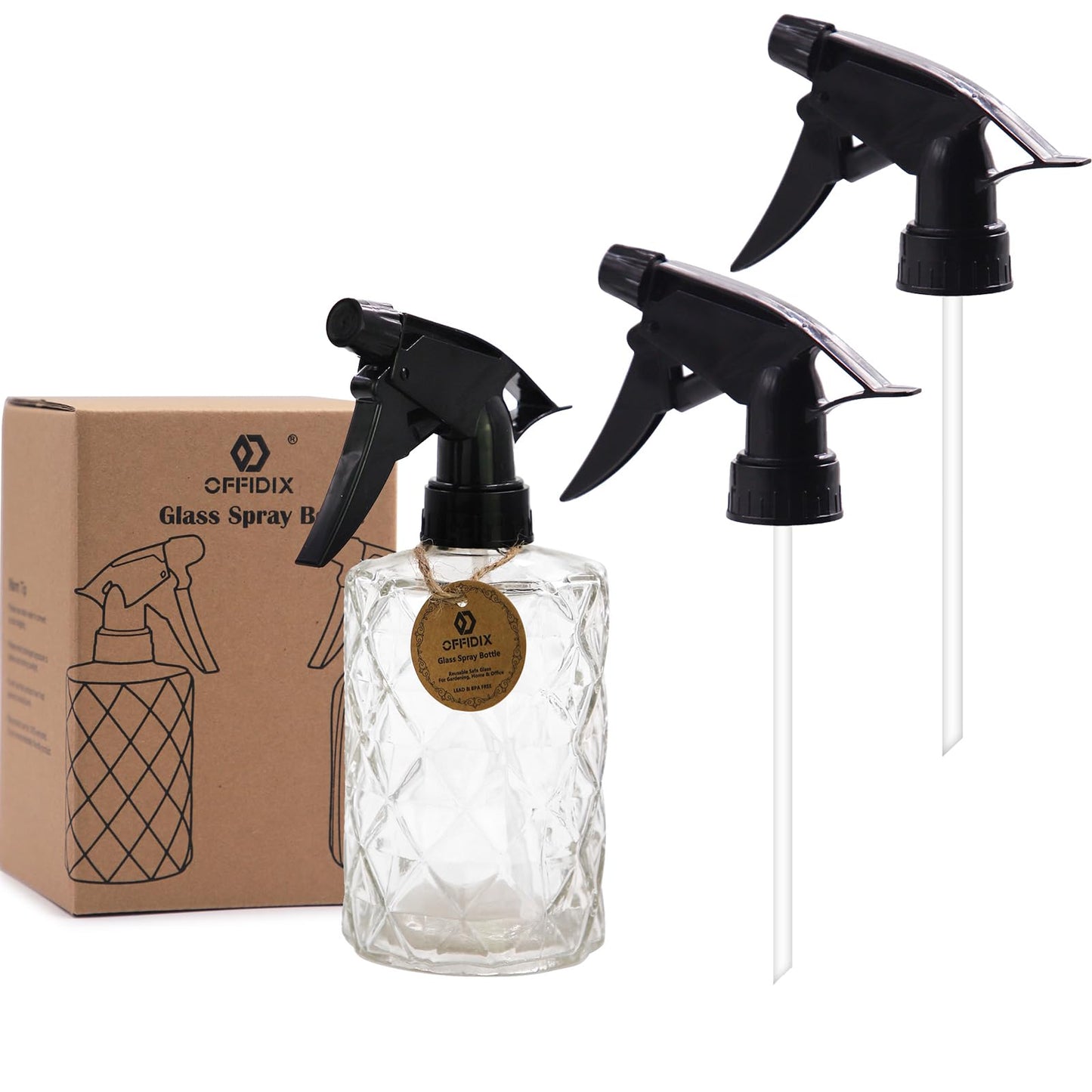 OFFIDIX Glass Spray Bottle with Adjustable Nozzle Fine Mist and Spray for Home Use,Cleaning Solutions (Rhombus White),2 Pack Plant Mister Sprayers Watering Nozzles Replacement