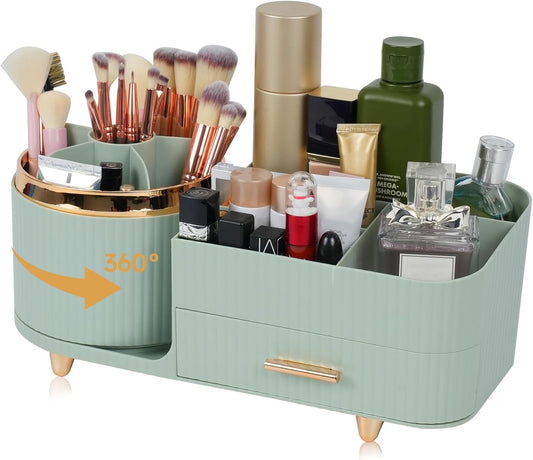 Zufudo Makeup Organizer Countertop with Drawer 360 Rotating Brush Holder Storage Large Capacity Skincare Cosmetic Display Cases for Vanity Bathroom Desktop, Model 3016 Green