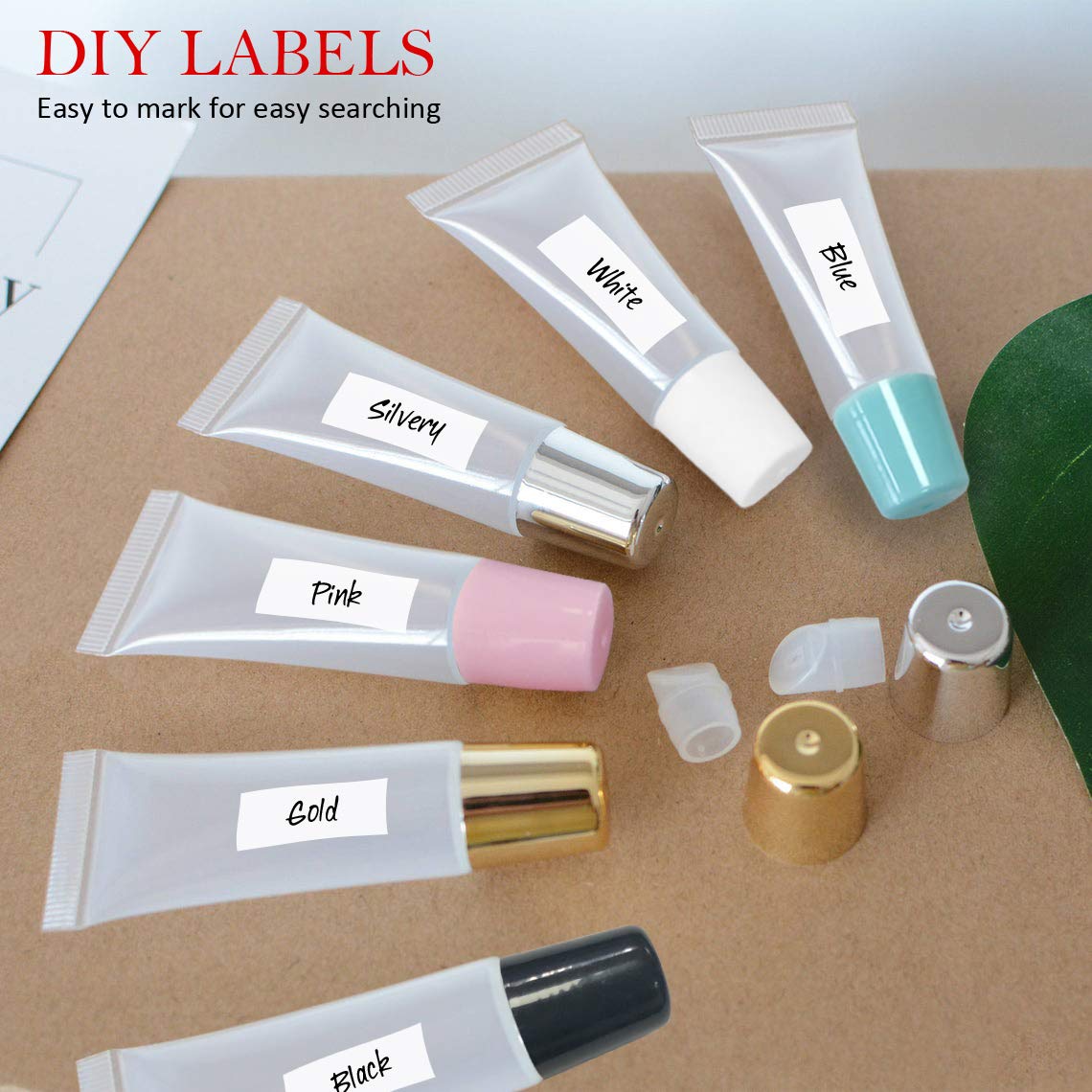 50PCS Silver Cap Lip Gloss Containers - Refillable Cosmetic Squeeze Tubes + 2 x 20ml Syringes & Labels for DIY Lip Gloss Base