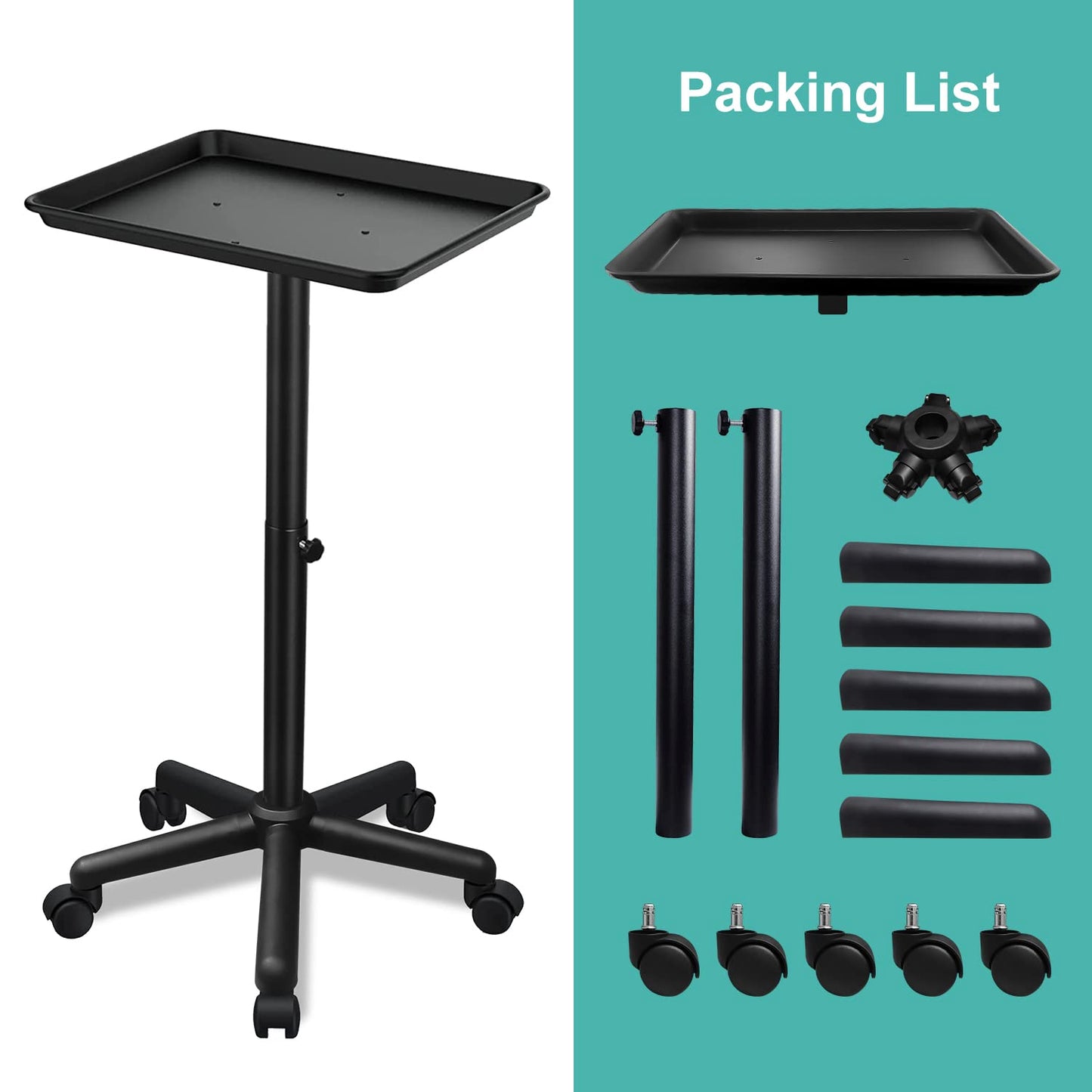 Salon Tray on Wheels, Salon Rolling Tray with Adjustable Height, Black Salon Tray, Salon Color Tray Ideal Use As Metal Mayo Stand Tray, Tattoo Tray, Medical Tray