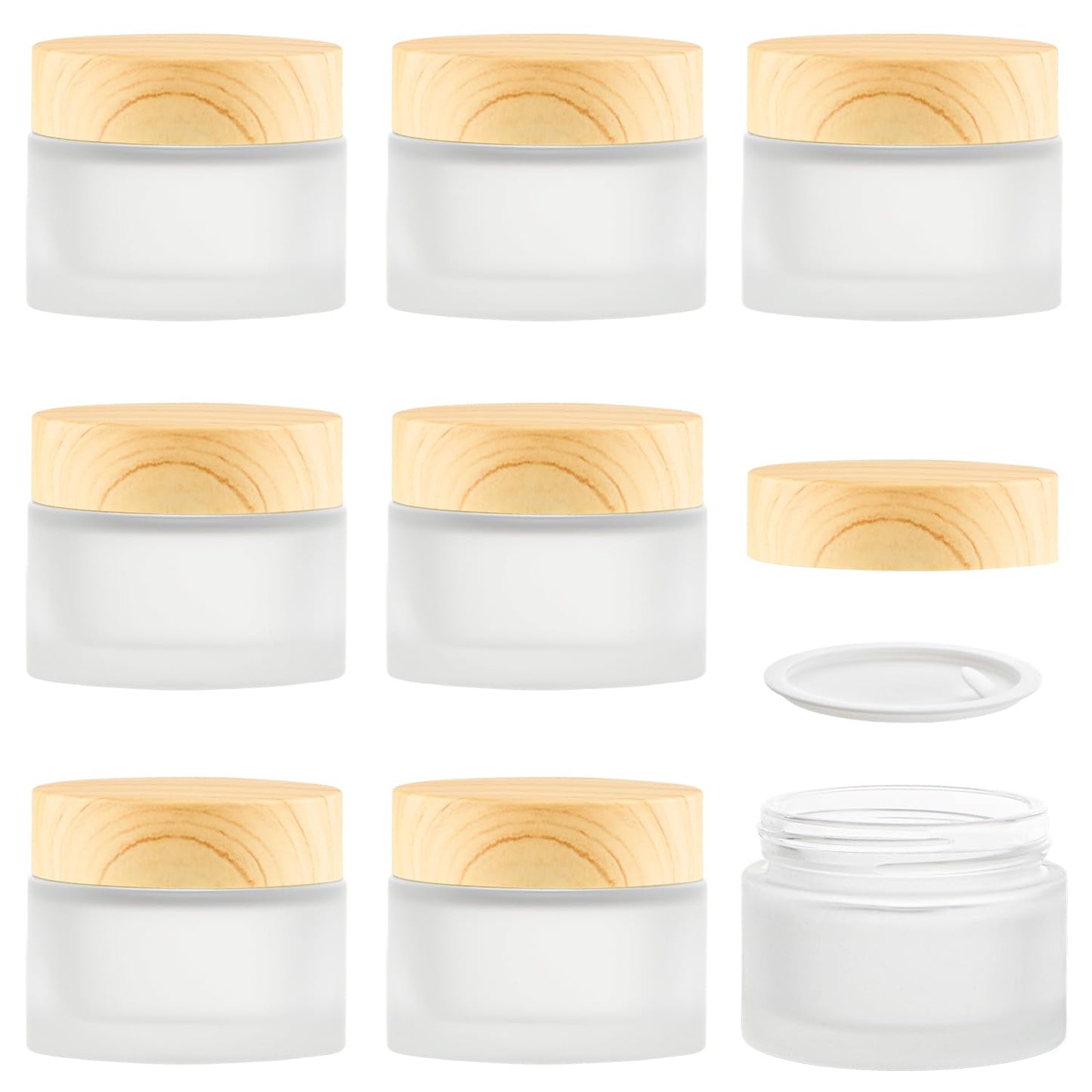 8 Pcs 50ml/1.7oz Cosmetic Containers Frosted Glass Jar Empty Leakproof Sample Jars with Wood Grain Printed Lids & Inner Liner for Cream Lotion Toiletries Lip Balm Makeup