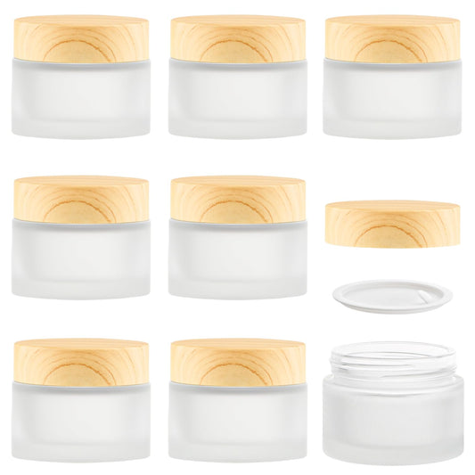 8 Pcs 50ml/1.7oz Cosmetic Containers Frosted Glass Jar Empty Leakproof Sample Jars with Wood Grain Printed Lids & Inner Liner for Cream Lotion Toiletries Lip Balm Makeup