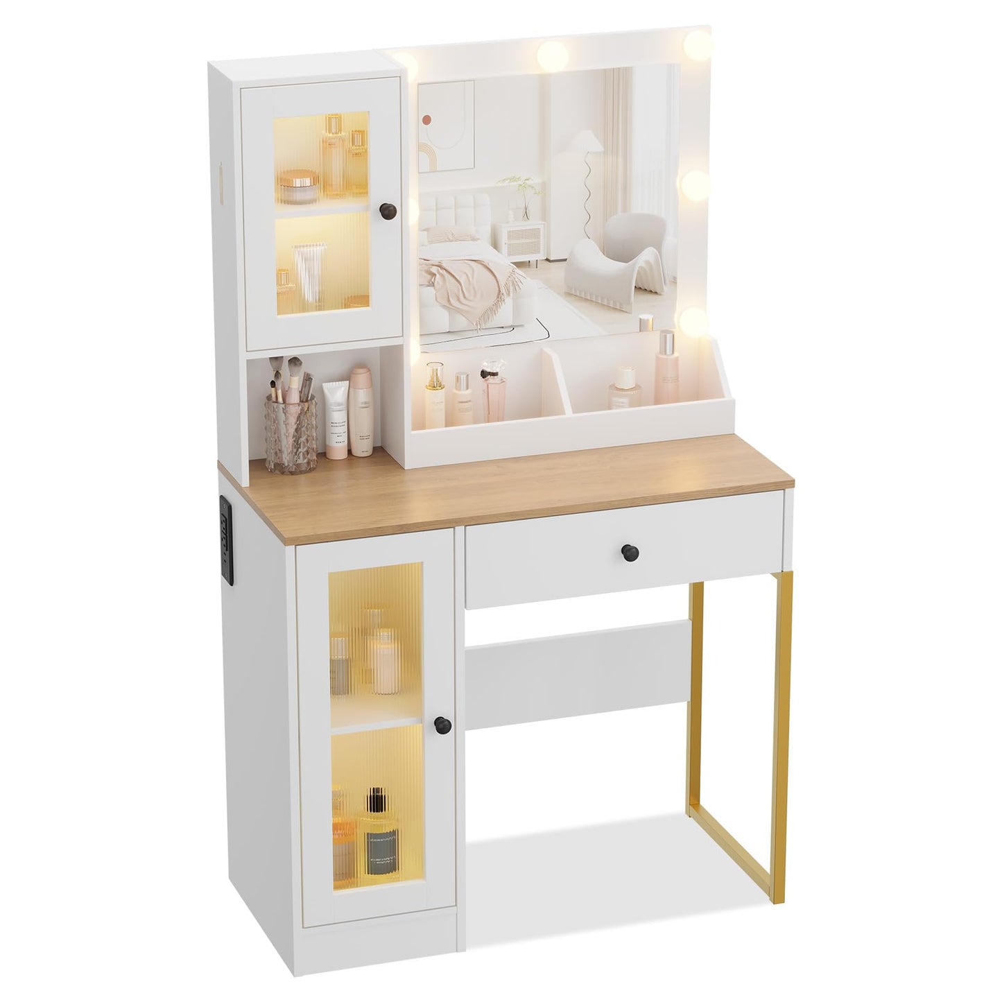 Garvee Makeup Vanity Desk with Mirror & RGB Lights - Charging Station Included - 2 Acrylic-Door Cabinets & 2 Storage Compartments - Modern Bedroom Dressing Table