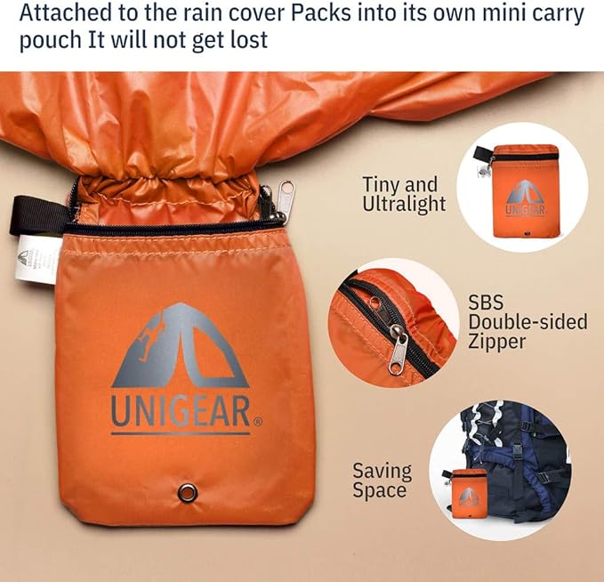 Unigear Backpack Rain Cover Waterproof Rating 5000mm Ultraportable and Durable with 2 Anti-Slip Buckle Strap, Integrated Carry Pouch Design (Orange, X-Large)