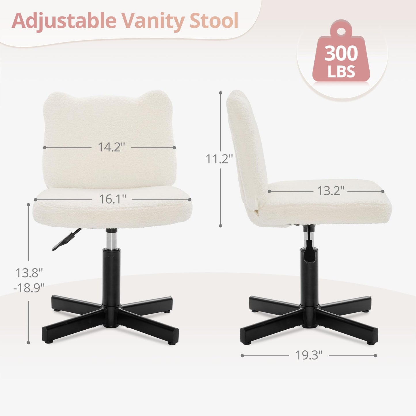 LUE BONA Adjustable Vanity Stool Chair with Girly Bear Ear Wide Back, 360° Swivel Vanity Stool for Makeup Room, Upholstered Teddy Velvet Ottoman for Teen Girls, 350lbs, Beige