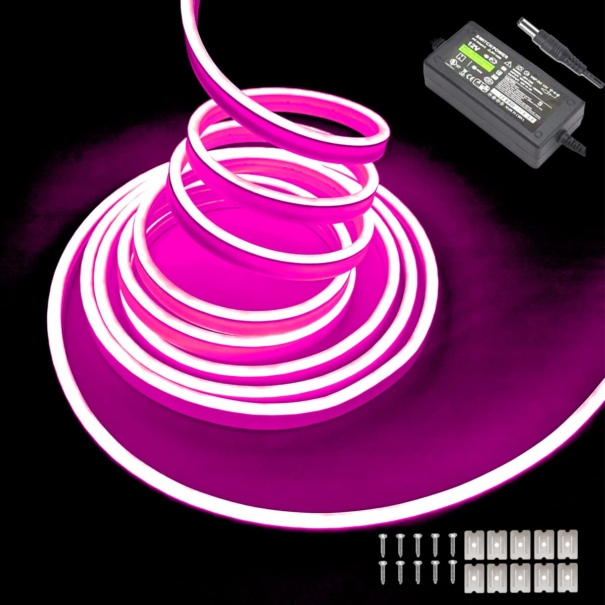 Maxlaxer Pink Neon LED Strip Lights, 16.4ft 12V Waterproof Flexible Light for Indoor/Outdoor Decoration (Includes Power Adapter)