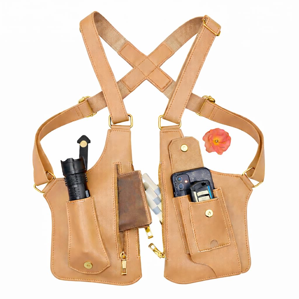 Double Shoulder Armpit Bag, Underarm Anti-Theft Crossbody Pouch, Dual Side Chest Pack, Multi-Pocket Phone Wallet Organizer (Light Brown)