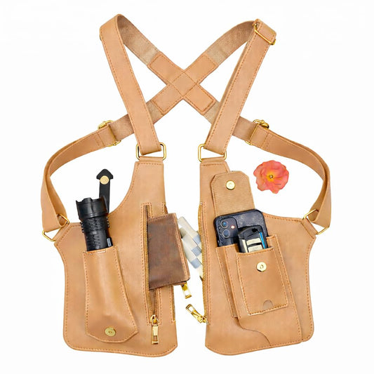Double Shoulder Armpit Bag, Underarm Anti-Theft Crossbody Pouch, Dual Side Chest Pack, Multi-Pocket Phone Wallet Organizer (Light Brown)