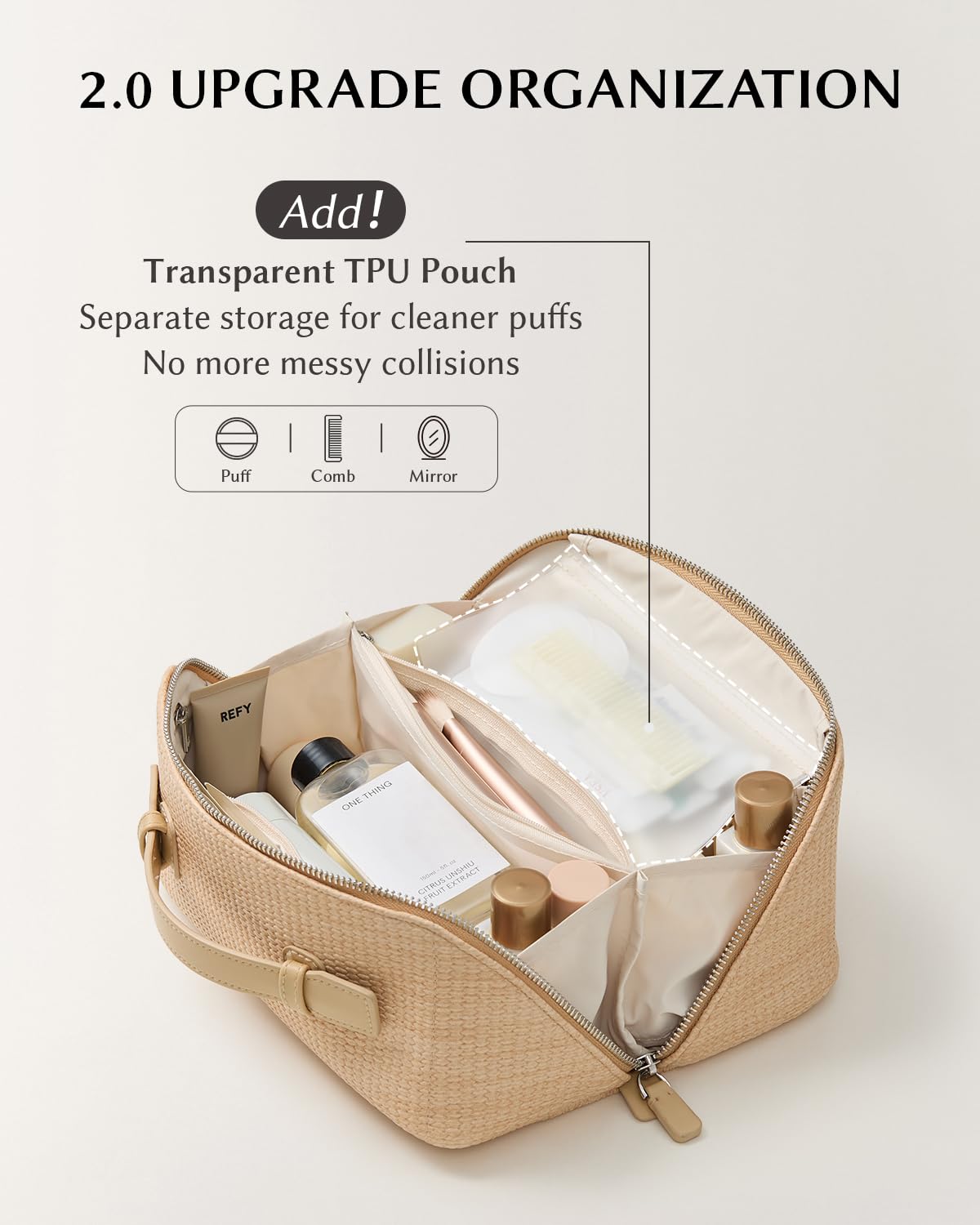 EACHY Travel Makeup Bag, Woven Travel Waterproof Toiletry Bag, Portable 180° Wide-Open Flat Cosmetic Bags for Women, Large Capacity Makeup Pouch with Divider and Handle