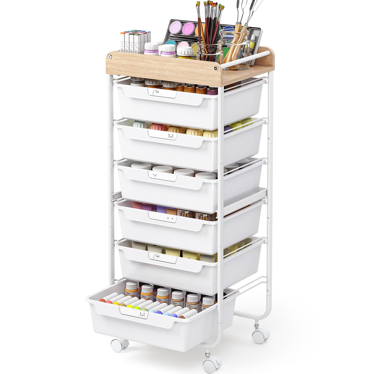 SYKIARIOL Rolling Cart with 6 Drawers,Utility Storage Cart with Drawers,Art Craft Organizers and Storage,Makeup Organizer with Wooden Tabletop,White