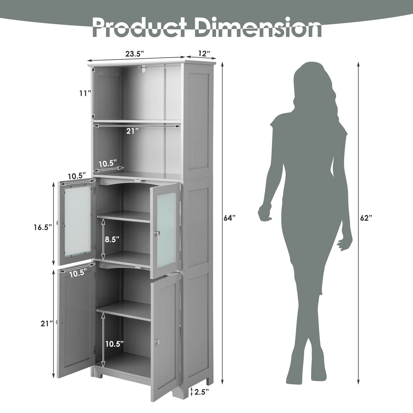 Tangkula Tall Bathroom Storage Cabinet, Freestanding Floor Cabinet w/2 Glass Doors & 2 Open Shelves, 3-Position Adjustable Shelves, Anti-toppling Design, 64” Tall Pantry Cupboard for Kitchen
