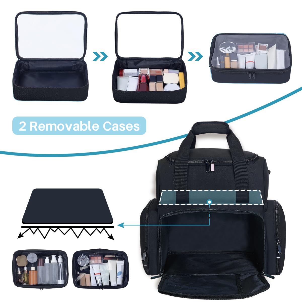 BODMZUANHO Large Makeup Bag with 2 Removable Case Cosmetic,Black