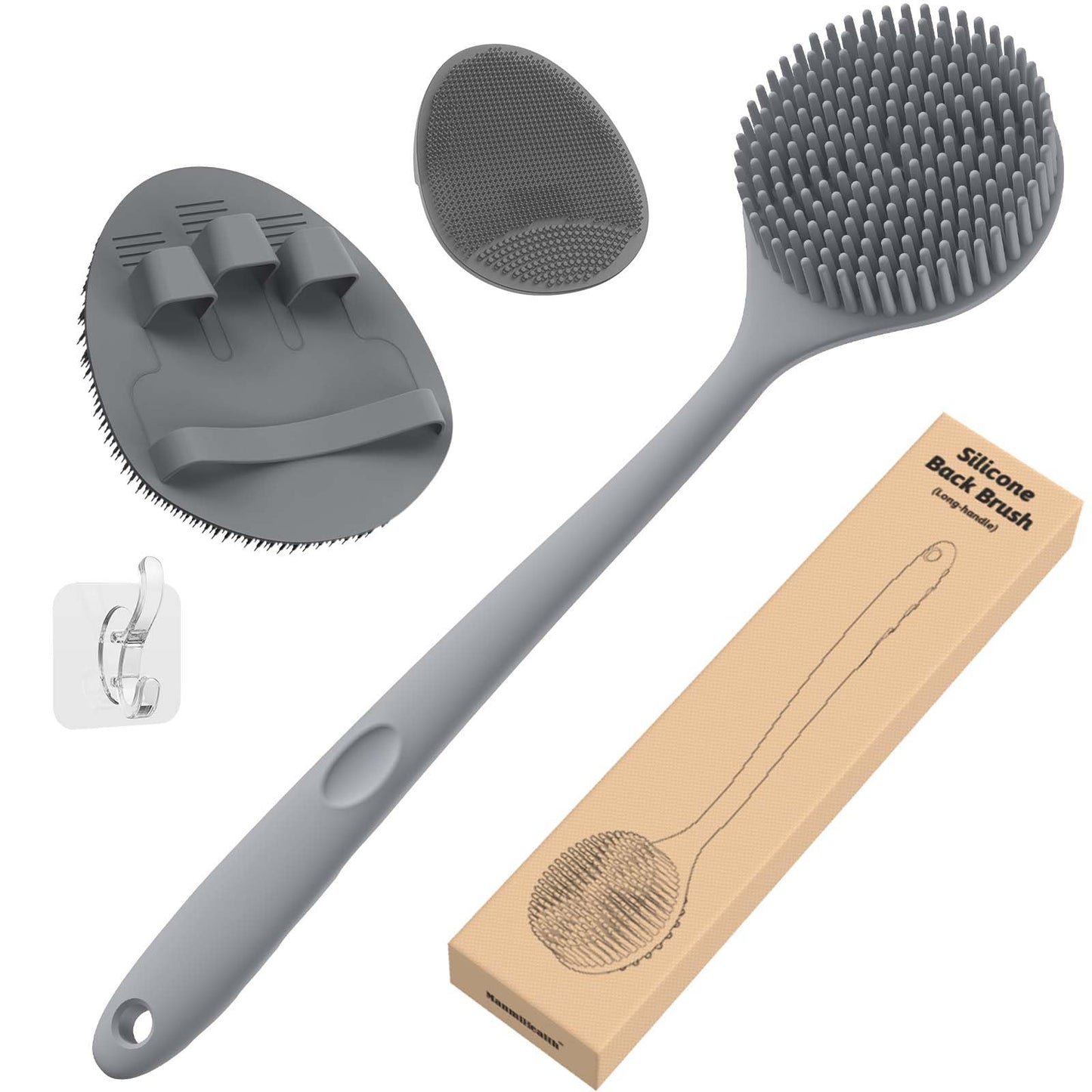 Manmihealth Silicone Back Scrubber (Thick Bristles) & Bath Glove & Face Brush Set (3PCS), Super-Exfoliating & Lathering Body Scrubber, Shower Brush, Face Scrubber Combination, with a Free Hook (Gray)