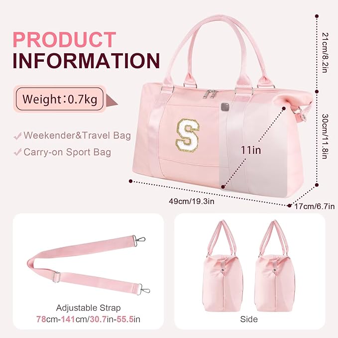 Dance Gym Duffel Bag for Teen Girls, Personalized Initial Travel Weekender Bag,Cute Overnight Carry On Duffle for Women,Sports Travel Cheer Bag,Monogram Christmas Gifts for Tween Preppy(pink-S)