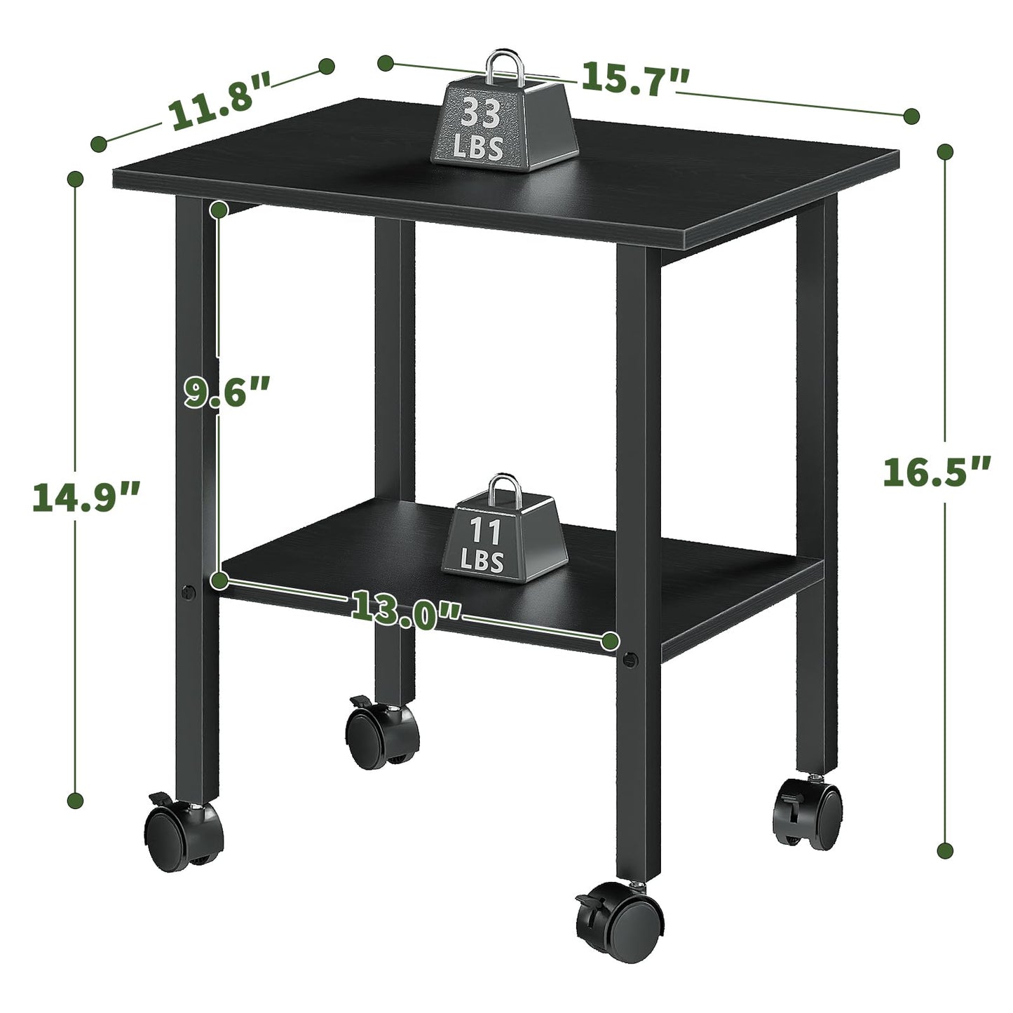 YQ JENMW 2 Tier Printer Stand with Storage, Under Desk Printer Table, Space-Saving Printer Table with Locking Wheels, Rolling Printer Cart for Home Office, Black