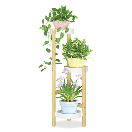 iDavosic.ly 3 Tier Bamboo Plant Stand Indoor Outdoor with Plastic Tray, Tiered Corner Flower Holder Shelf, Space Saving Orchid Display Rack for Patio Porch Living Room Garden Balcony, Natural White