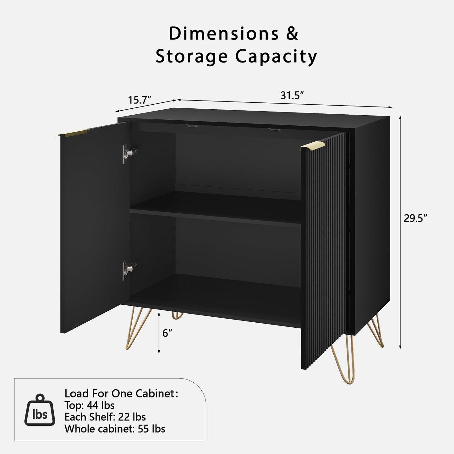 Sscaktu Fluted Storage Cabinet, 2 Doors Sideboard Buffet Cabinet, Modern Wood Accent Table with Adjustable Shelves, Console Table for Living Room, Hallway, Entryway, Black