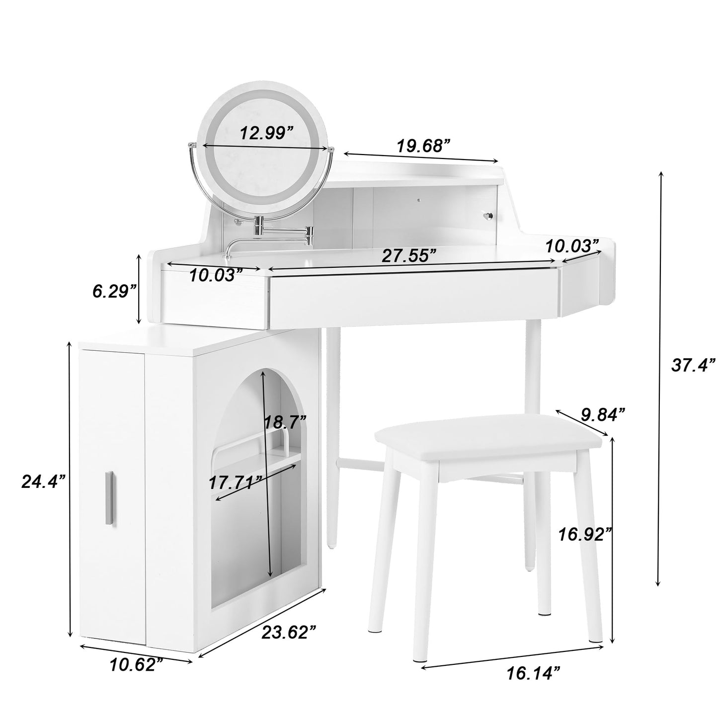 Merax Corner Vanity Desk with Mirror & LED Lights & Stool, Modern Makeup Vanity Table with Drawer Shelf Cabinet for Bedroom, Brightness Adjustable Folding Mirror (White)