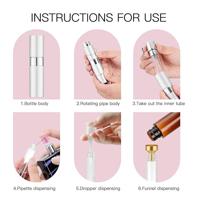Tekson 8ml Travel Perfume Atomizer Refillable, Mini Cologne Spray Bottle Empty, Small Aftershave Portable Sprayer for Liquid Dispenser (Black&Sliver)