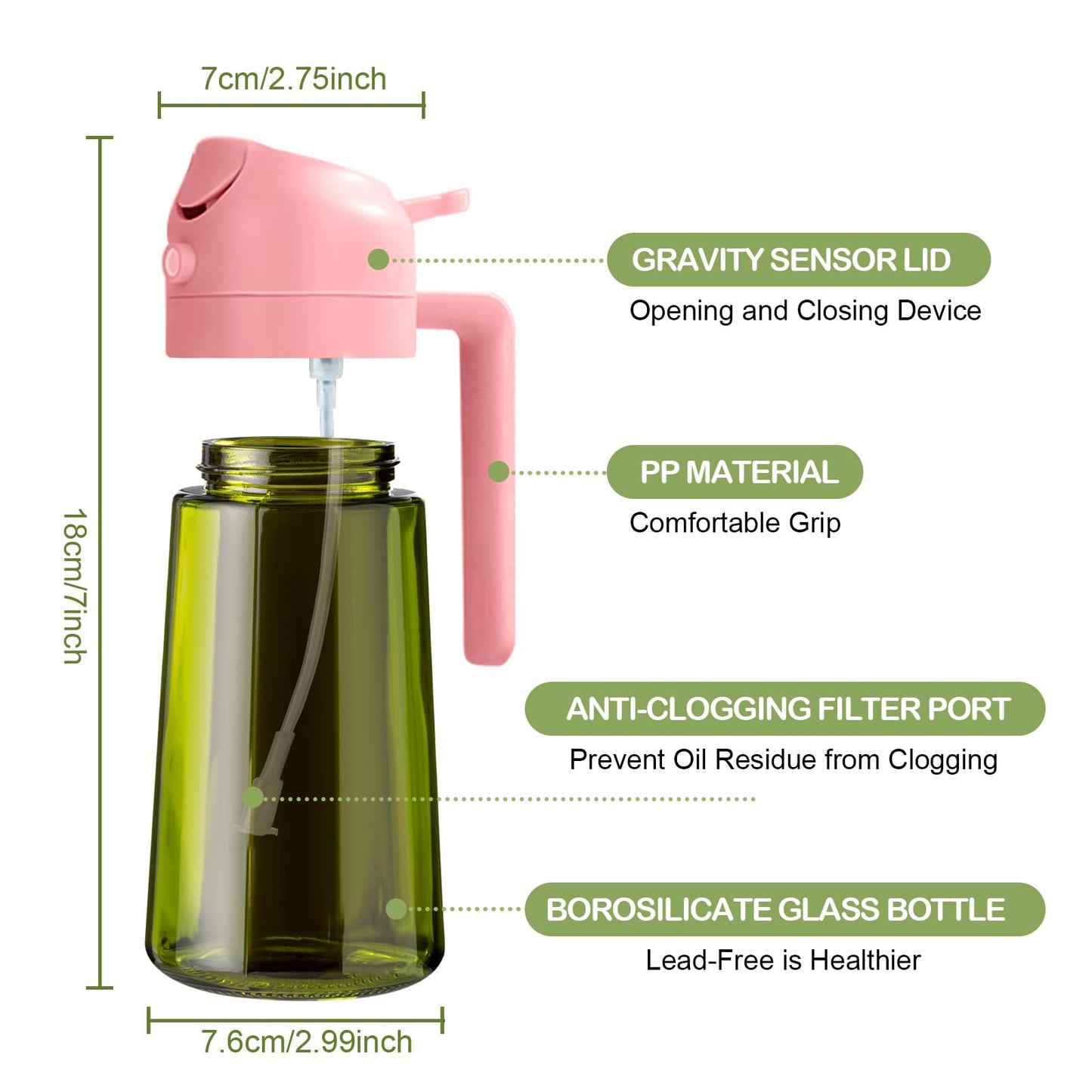 YARRAMATE 2Pcs 16oz/470ml Dark Green Oil Sprayer for Cooking with Stickers, Food-grade Premium 2 in 1 Olive Oil Dispenser Bottle for Kitchen Gadgets, Air Fryer, Salad, Frying, BBQ (Pink&Black)