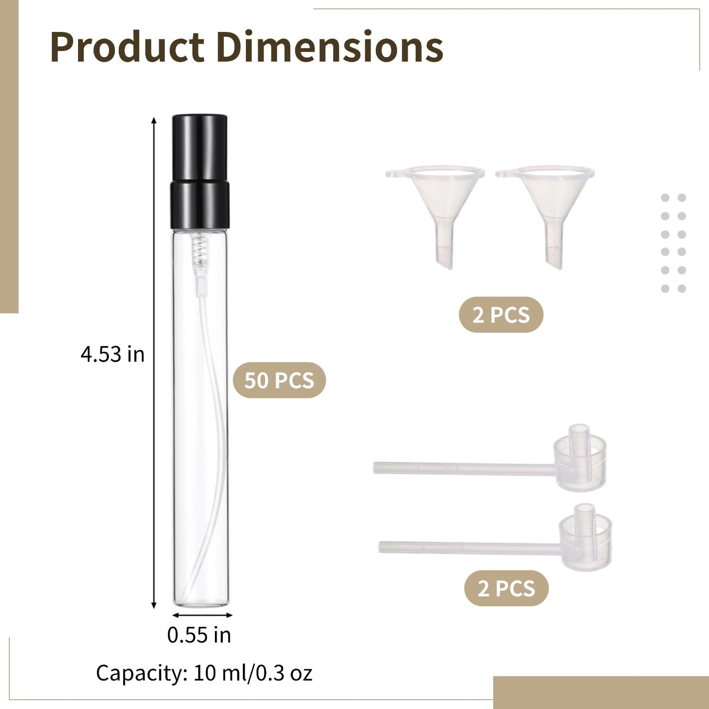 50 Pcs 10 ml Perfume Bottles - Refillable Glass Mini Spray Bottles, Portable Travel Sample Containers, Fine Mist Atomizers with Caps, Includes 2 Funnels and 2 Dispensers, Ideal for Liquids, Black