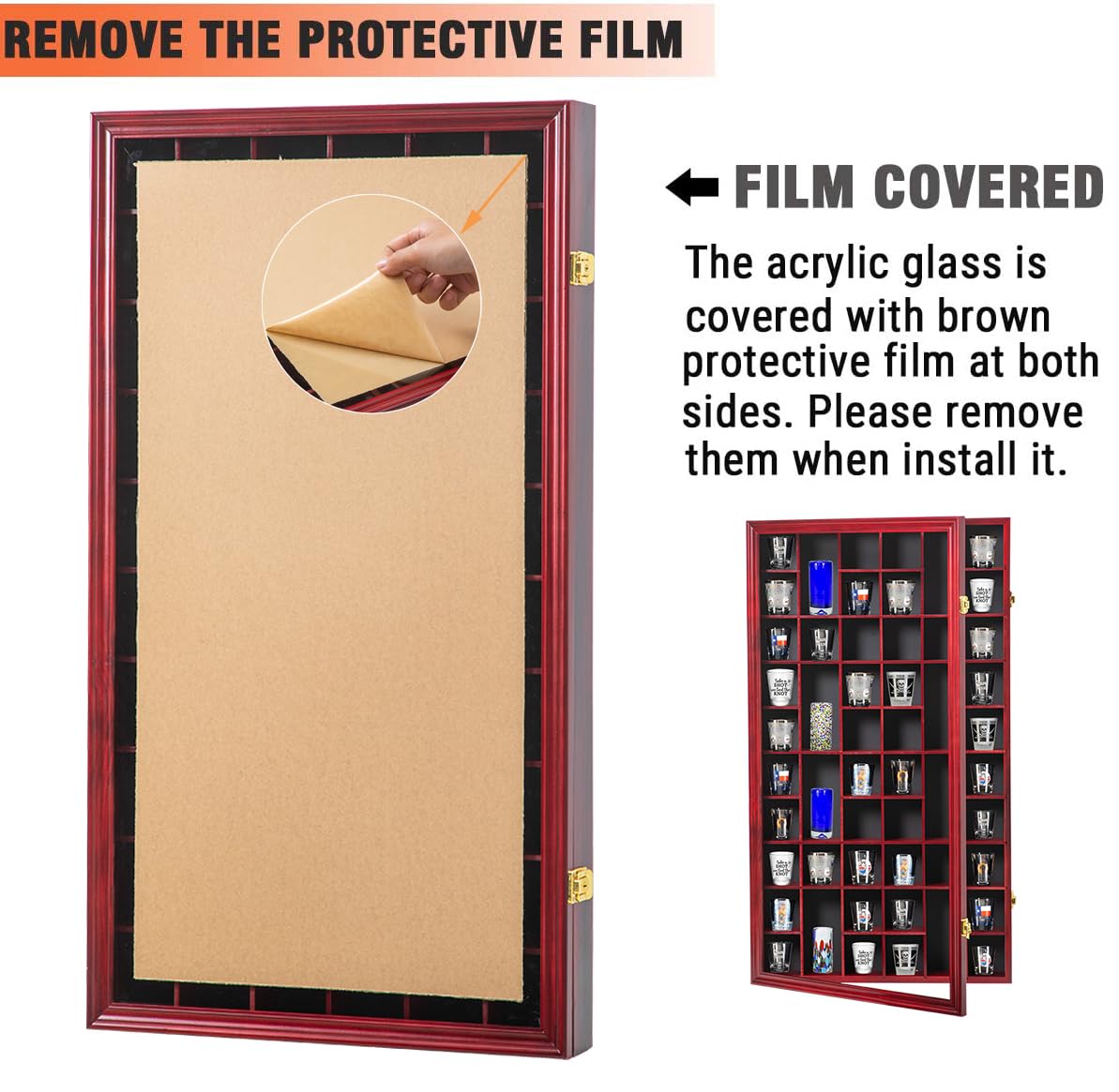 Shot Glass Display Case Large Wooden Cabinet Rack Holder Wall Mounted Mahogany Shadow Box Lockable with UV Protection Acrylic Glass Door Shot Glass Storage with Removable Shelves, 17"x32", 52 Slots