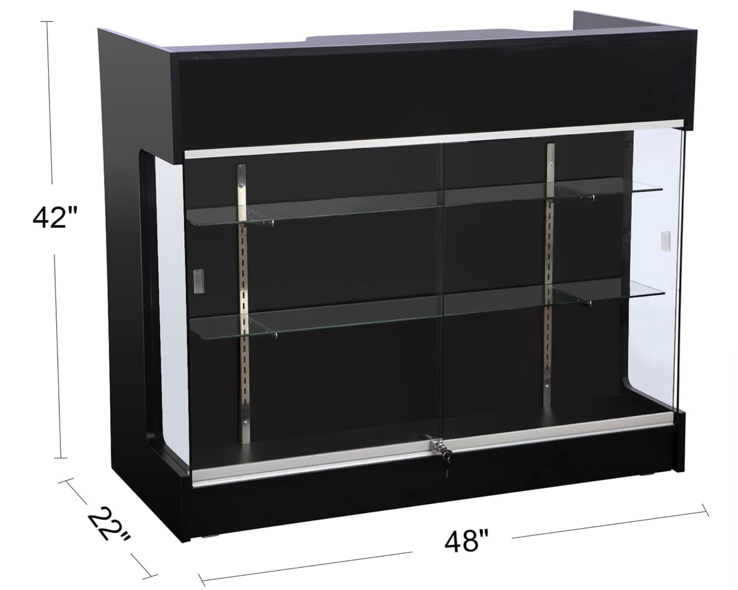 Wisdomfur 4ft Retail Checkout Counter with Glass Display – Black Ledge Top Store Counter with Tempered Glass, Locking Drawers & Storage Shelves, Boutique Display Cabinet for Shops & Boutiques