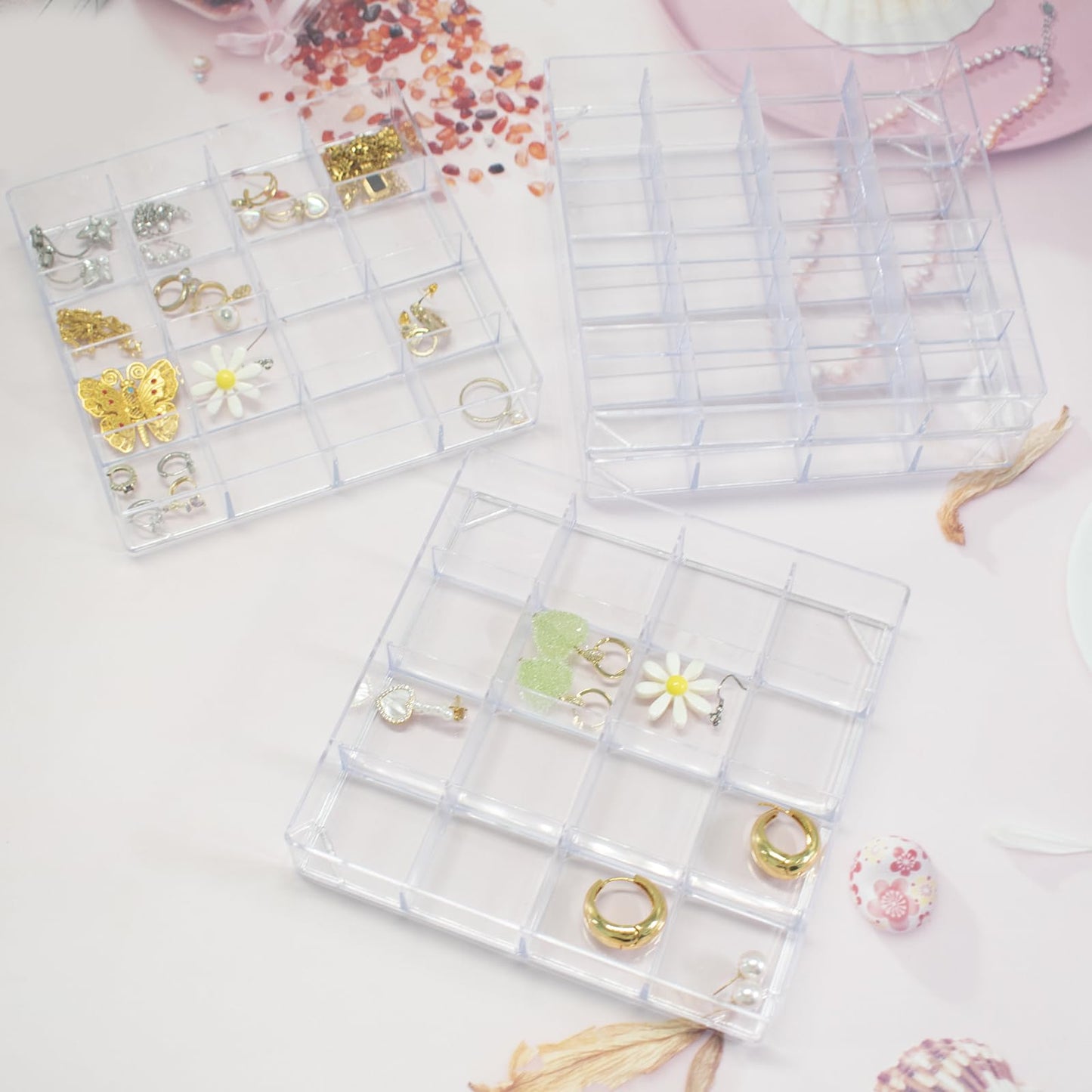 4 PCS Stackable Jewelry Organizer Tray, Plastic Storage Box with 16 Mini Grid (1.57''), Clear Organizer Tray for Drawer Dresser Vanity Desk, Jewelry Storage Box for Necklaces Bracelets Rings Earrings