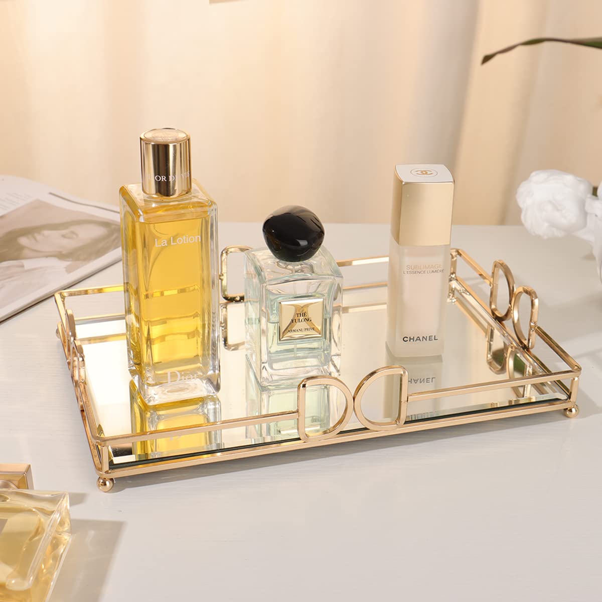 HAIGOUER Gold Mirror Vanity Tray for Perfume, 11.7x7.9 Non-Slip Glass Dresser Tray, Elegant Decorative Organizer for Bathroom Countertops, Skincare & Makeup Display, Rust-Proof