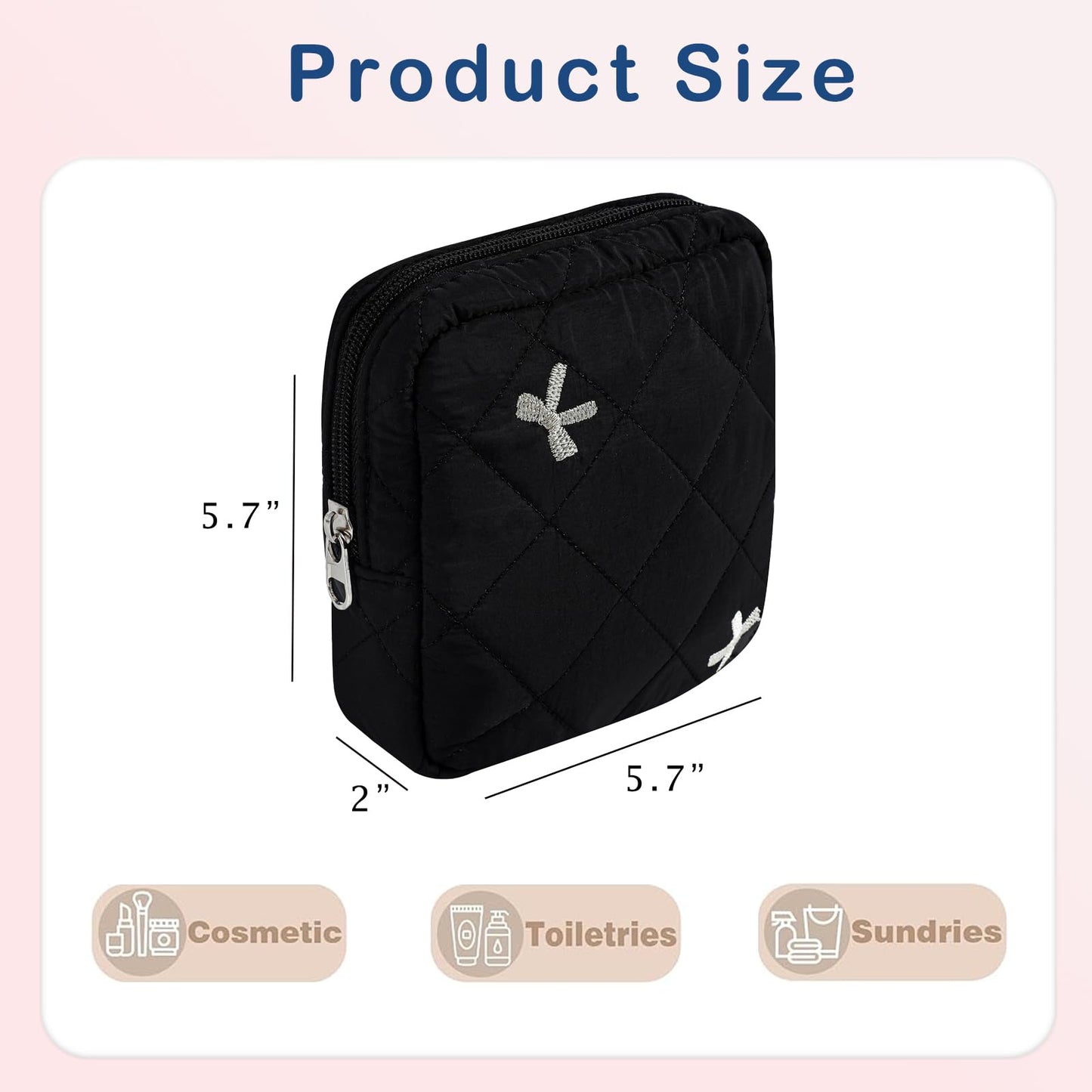 Small Quilted Cotton Makeup Bag for Purse, Cosmetic Bag with Compartments, Cotton Aesthetic Makeup Bag, Travel Toiletry Pouch, Key Pocket Lipstick Bag Card Holder Data Cable Organizer（05Black Bow）