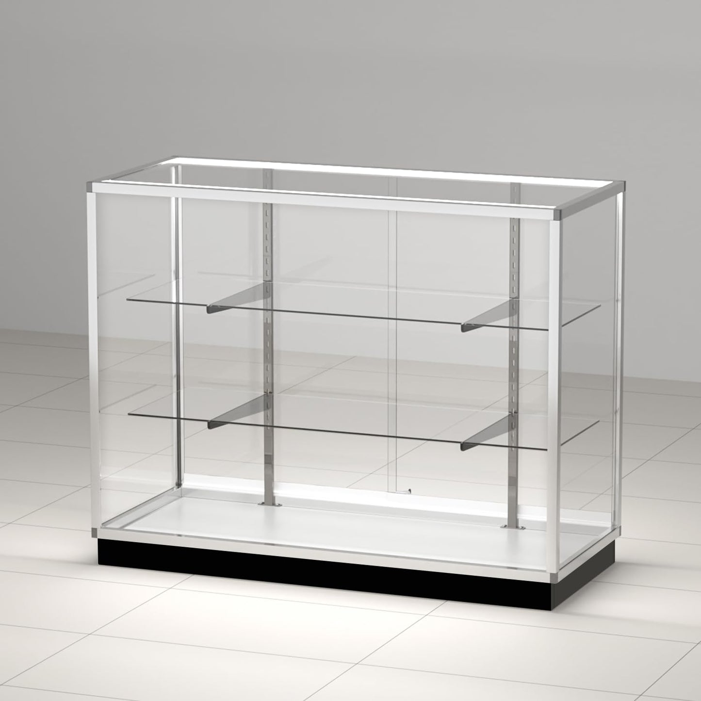 48" Glass Display Showcase Cabinet – Silver Aluminum Frame, Tempered Glass Shelves, Lockable Sliding Doors & LED Lighting – Extra Vision Retail Fixture for Stores, Exhibits & Collectibles