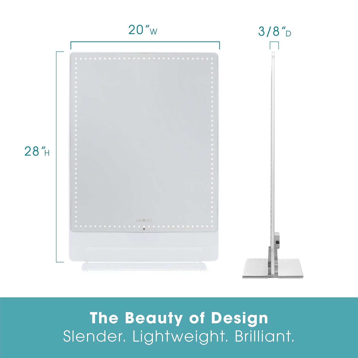 Riki Tall Vanity Mirror with HD LED Lights, Remote Lighting and Smartphone Control, Advanced High-CRI Glass, USB Charging, and Magnetic 5X Magnifying Mirror (White)