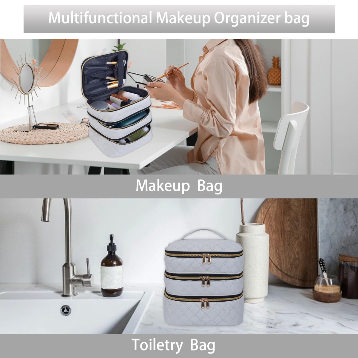LANDFOBO Large Makeup Bag 3 Layers with Handle Travel Organizer Case(Beige)