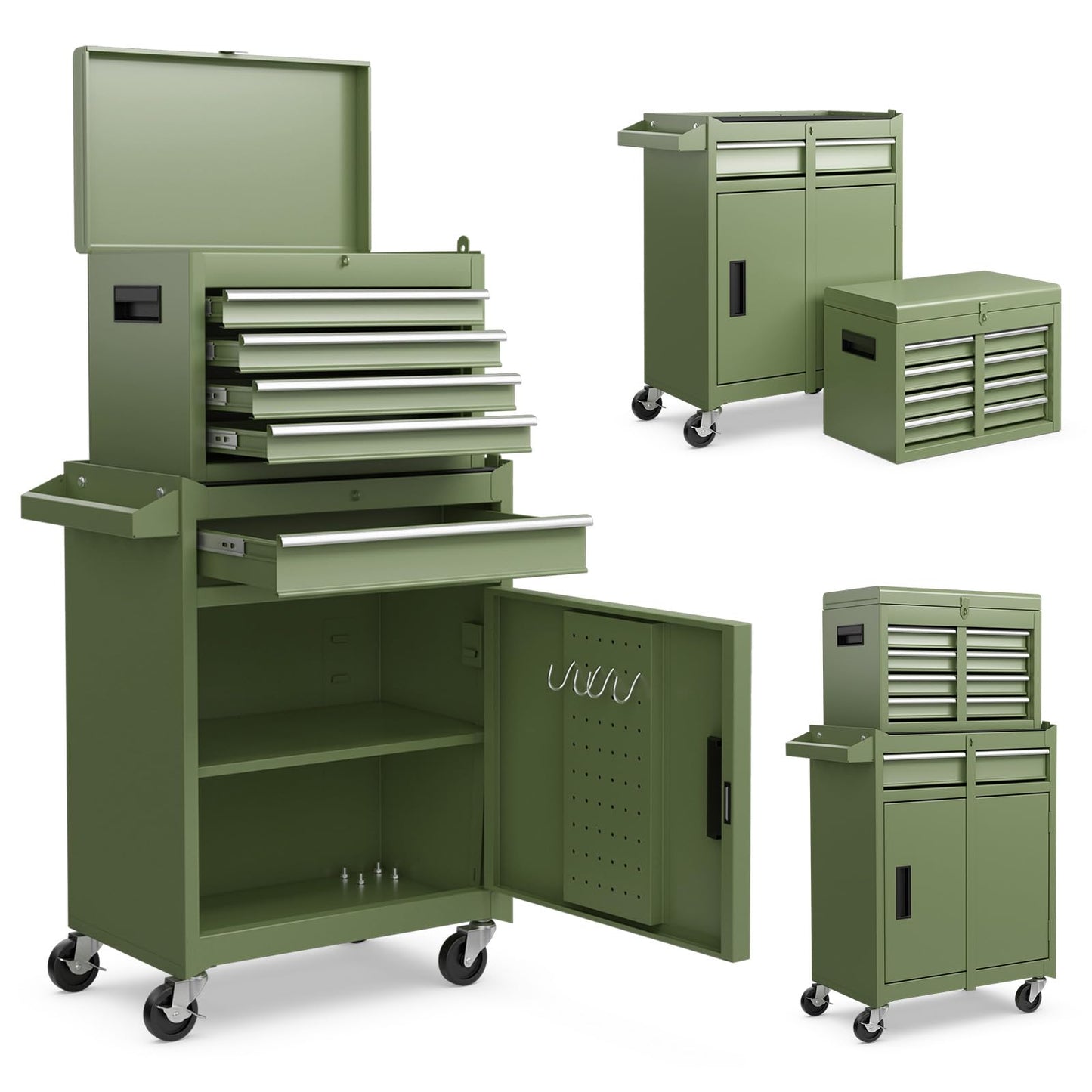 ERGOMASTER 5-Drawer Rolling Tool Cabinet with Detachable Top Toolbox, Lockable Wheels, Lock Bar, Protective Liner & Tool Rack, Metal Tool Storage Cart for Garage Workshop-Green