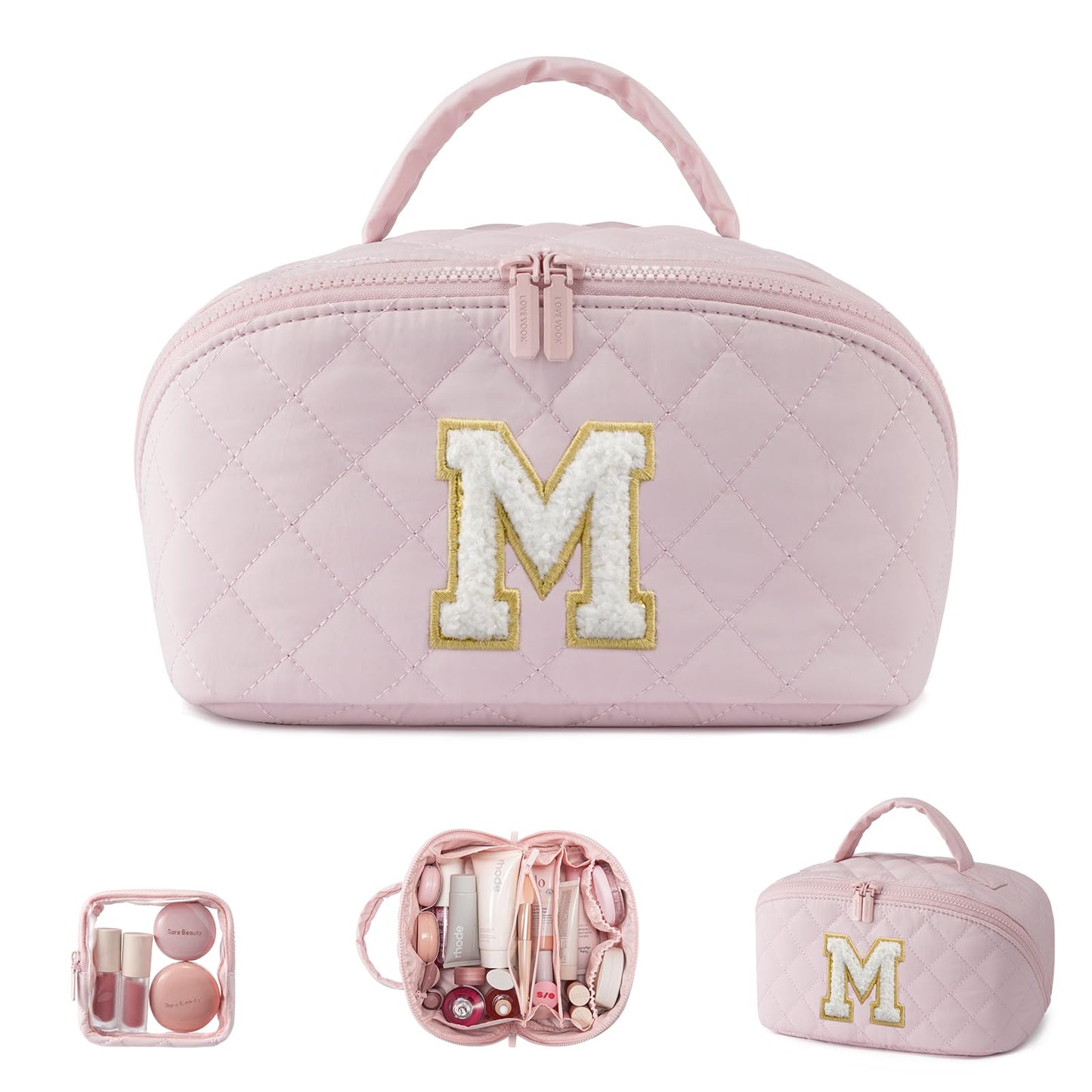 LOVEVOOK Travel Makeup Bag for Women, 2Pcs Puffer Waterproof Cosmetic Organizer, Large Capacity Pouch Open Flat Small Toiletry Bag with Brush Compartment & Handle (Pink-M, Medium)