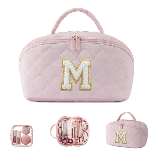 LOVEVOOK Travel Makeup Bag for Women, 2Pcs Puffer Waterproof Cosmetic Organizer, Large Capacity Pouch Open Flat Small Toiletry Bag with Brush Compartment & Handle (Pink-M, Medium)