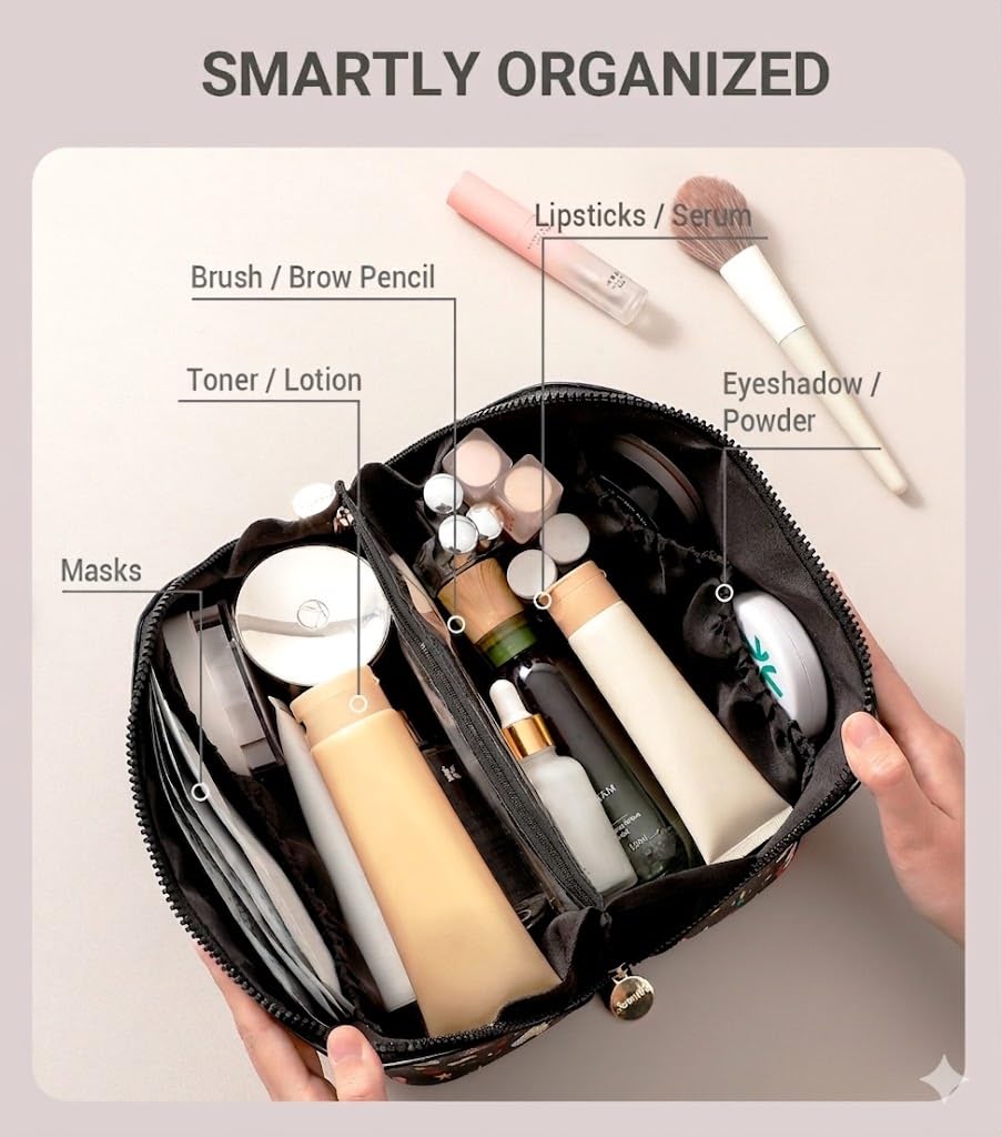 Aveniee Travel Makeup Bag for Women, Large Cosmetic Organizer with Open-Flat Design, Clear Divider & Handle - Waterproof PU Leather Toiletry Case (BunnyPattern)
