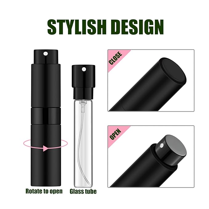 2 PCS/8ml Portable Mini Perfume Atomizer bottles, Empty Refillable Spray Bottle with 3 Types of Refill Tools, Pocket Travel Perfume Sample Bottles(Matte Black&Pink)