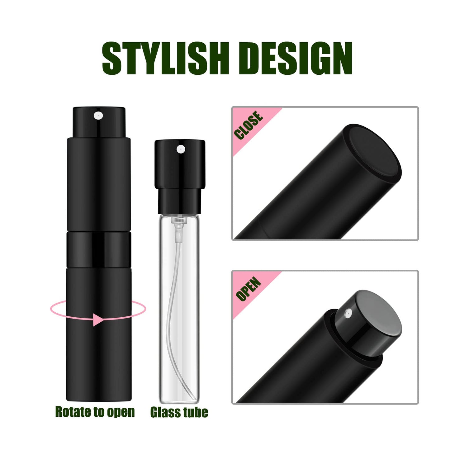IRON BILL 4 PCS/8ml Portable Mini Perfume Atomizer Bottles, Empty Refillable Spray Bottle with 3 Types of Refill Tools, Pocket Travel Perfume Sample Bottles(Matte Black&Silver&Pink&Blue)