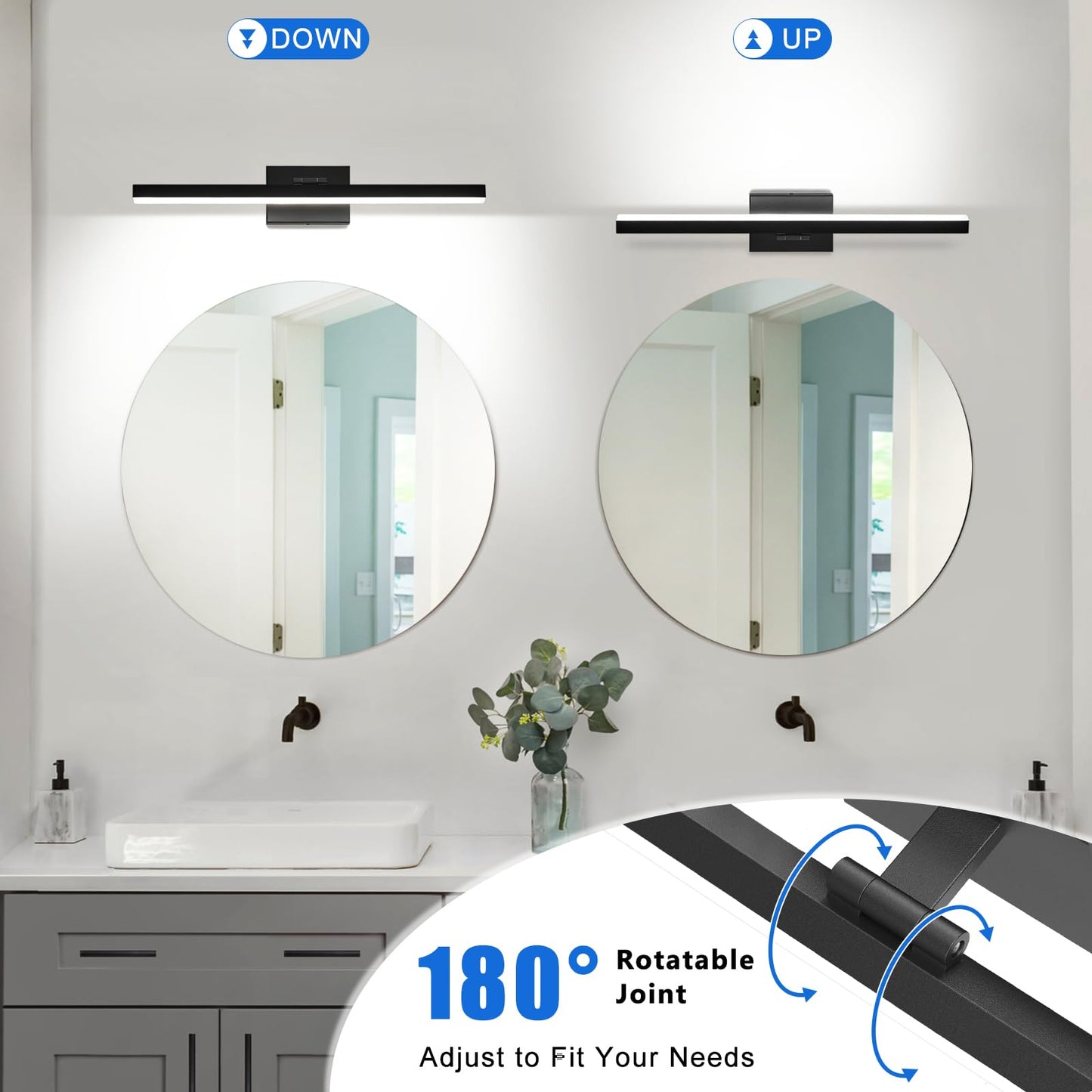 IZORRO Modern Bathroom Vanity Light 24 inch, Rotatable, 16W Dimmable Led Bathroom Light Fixture Over Mirror, Black Vanity Light Bar (Cool White 6000K)