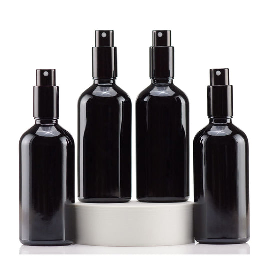 YIZHAO Black Glass Spray Bottles 4oz, with Small Fine Mist Spray, Metal Cap, Refillable for Essential Oil,Travel,Cleaning,Perfume,Aromatherapy,Makeup – 4 Pcs