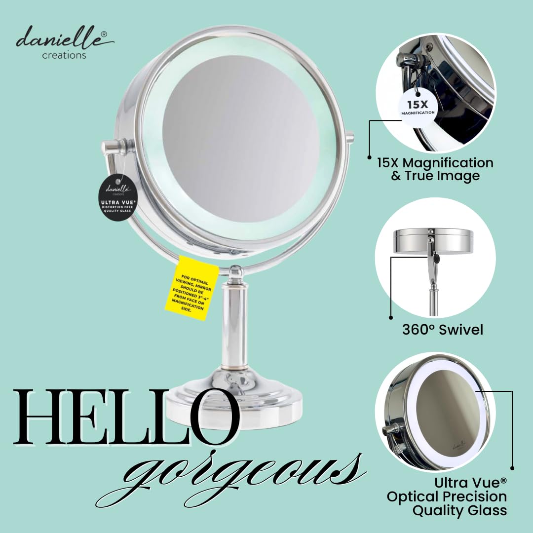 Danielle Creations Professional-Grade Double-Sided L.E.D. Vanity Mirror with Strong 15X Magnification, 360-Degree Rotation, Ultra-Vue Distortion-Free True Image Reflection, Silver Chrome Finish
