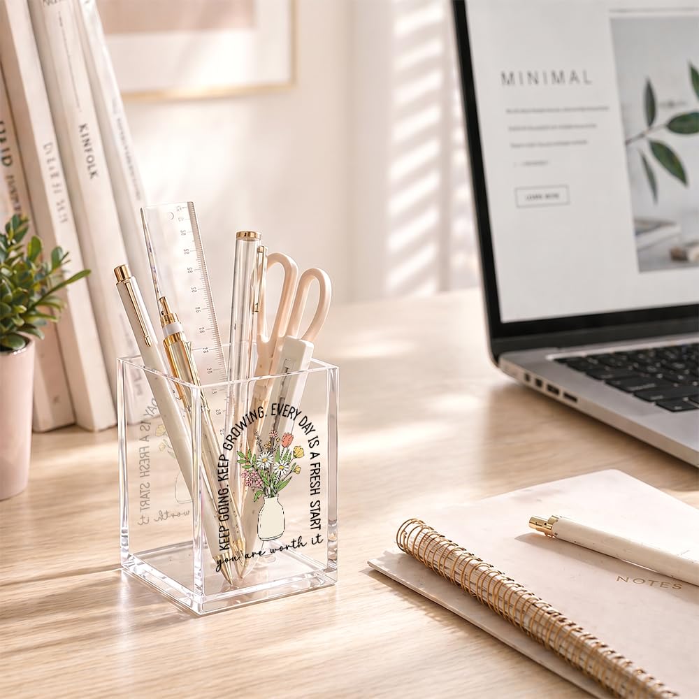 Xiahde Keep Going Keep Growing Acrylic Pencil Holder Cup, Floral Motivational Pen Holder, Inspirational Gifts for Women Girls, Positive Encouragement Gifts for Friends Coworkers Her