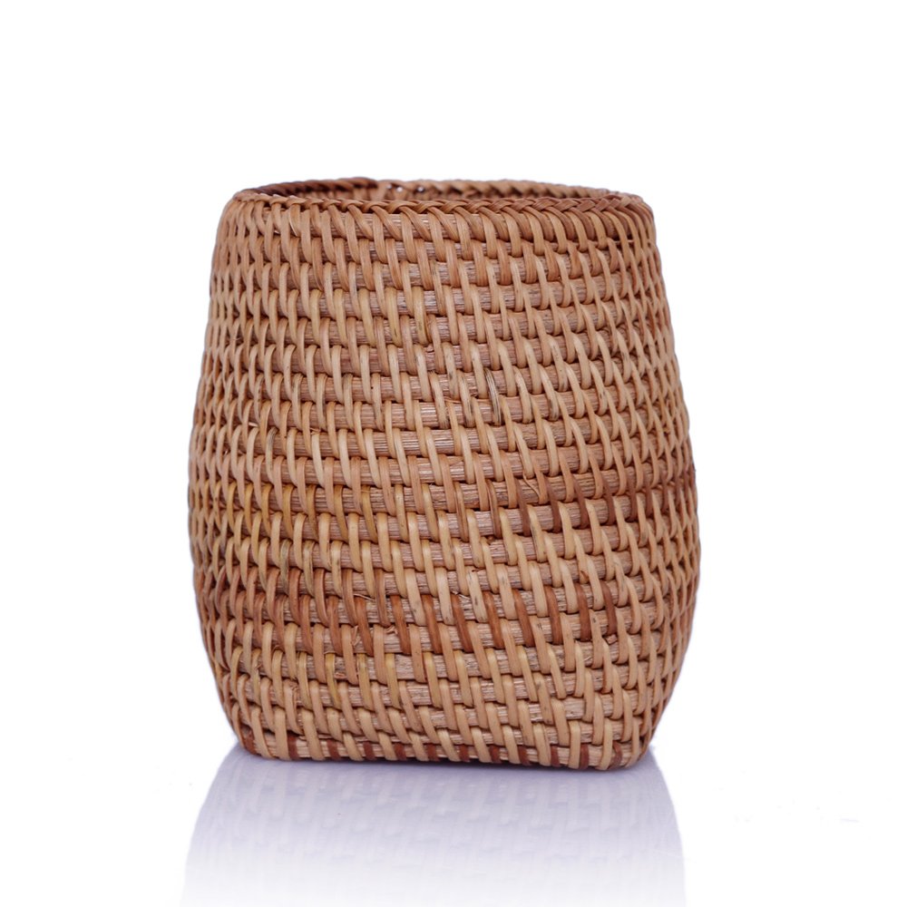 amololo Handmade Rattan Pencil Holder, Cone Makeup Brush Holder, Table Décor Organizer Cups for Stationery, Cosmetic Brushes, Flower Vase, Brown, 7 Inch (Round Top, Cube Bottom)