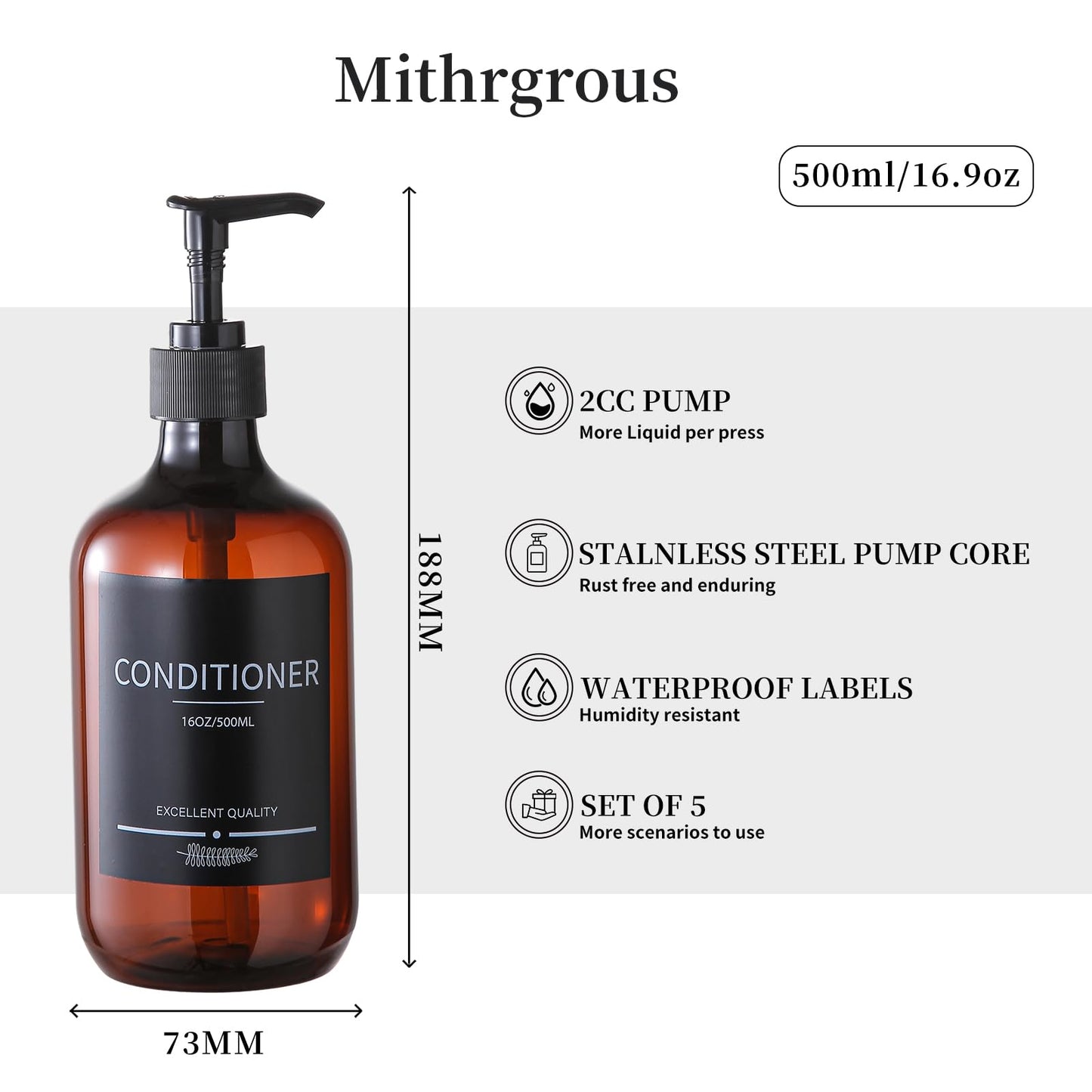 Mithrgrous 5Pack Amber Shower Bottles Refillable with Labels,16.9oz(500ml) Reusable Shampoo and Conditioner Bottles,Shampoo Dispenser Bottles
