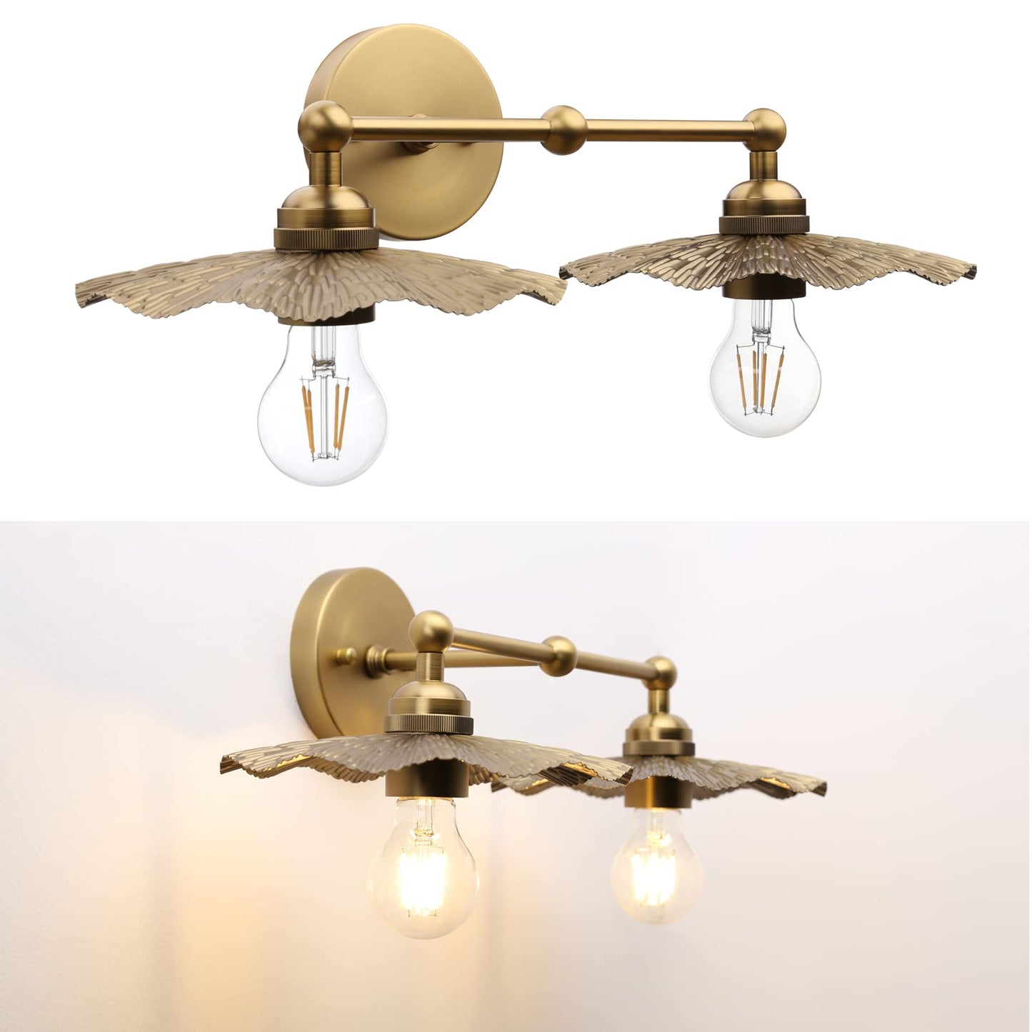 JIMUBEAM 2-Lights Industrial Metal Wall Sconces, Antique Brass Flower Rippled Shade Wall Light Fixture for Bathroom Vanity, Bedroom, Dining Room, Living Room, Farmhouse, Stairs, Hallway