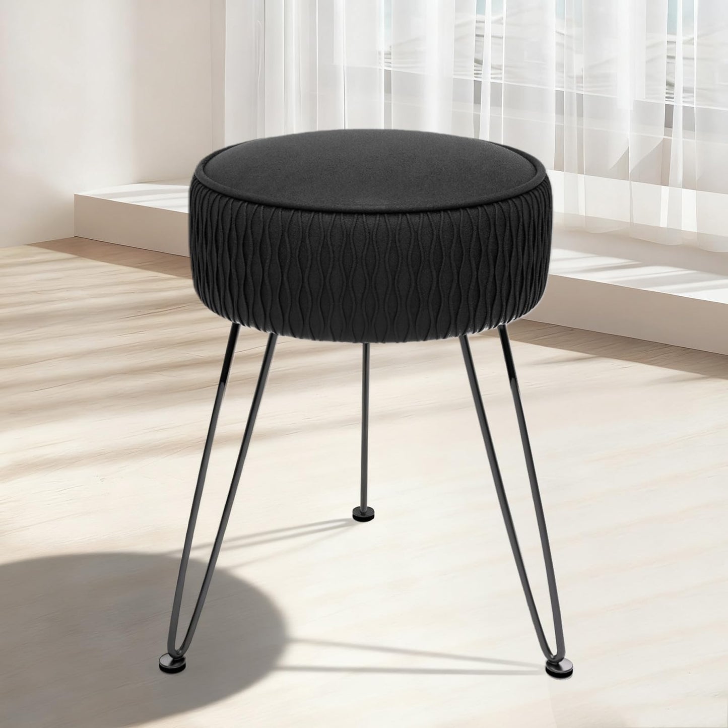 MOOWIND Velvet Vanity Stool Footrests, Round Ottoman Vanity Chairs with Anti-Slip Feet, Dressing Table Seat Foot Stool with Black Legs, Furry Padded Seat Side Table for Makeup Bedroom, Black