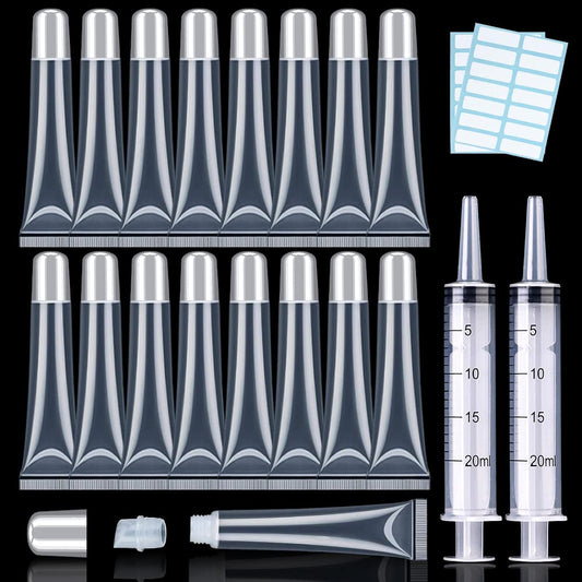 50PCS Silver Cap Lip Gloss Containers - Refillable Cosmetic Squeeze Tubes + 2 x 20ml Syringes & Labels for DIY Lip Gloss Base