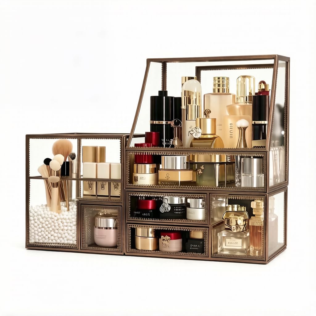 Luxury Glass Makeup Organizer Antique Bronze Metal Frame, Clear Vanity Countertop Storage Case for Cosmetics, Skincare, Perfume, Jewelry, Brush Holder & Drawers for Bathroom, Bedroom, Dressing Table