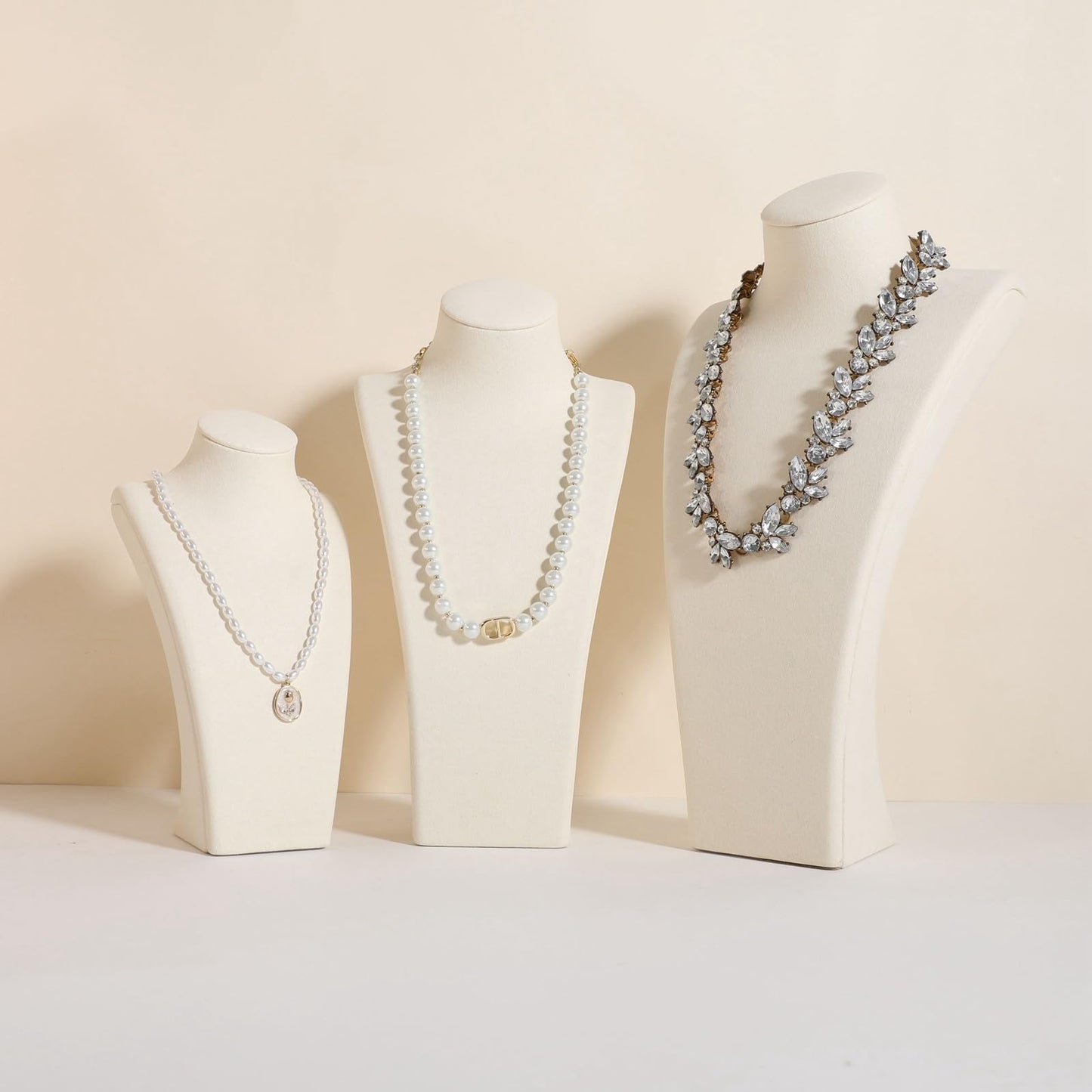 GemeShou Beige necklace storage organizer for sale, Velvet necklace holder stand, jewelry bust display stands, Jewelry Mannequin for Countertop, Showcase【Beige-Medium height 10.43 inch】